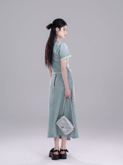 Raw-edge Denim Top/Slit Skirt COT0266