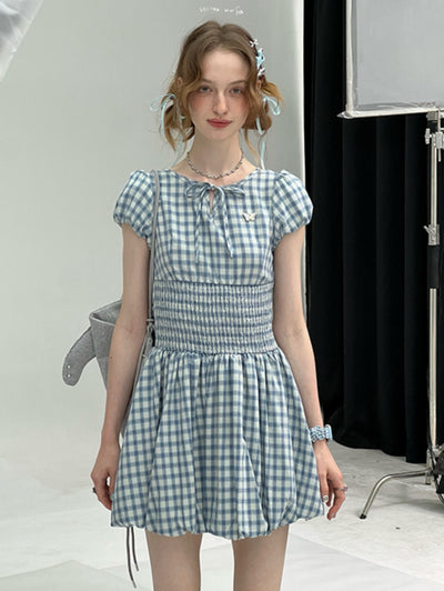 Retro Blue Plaid Puff Sleeve Dress ZIZ0288