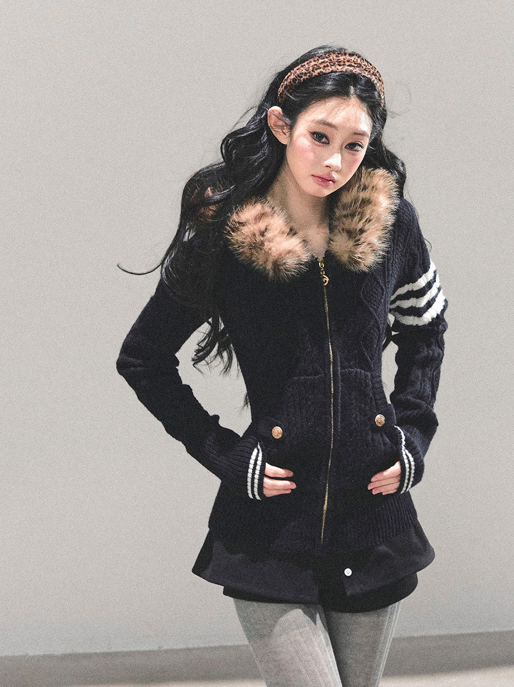 Fur Hooded Knit Cardigan DIA0705