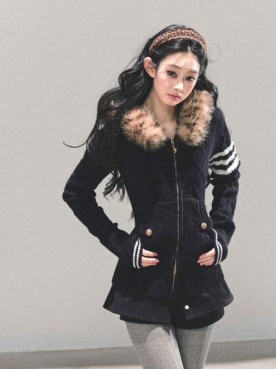 Fur Hooded Knit Cardigan DIA0705