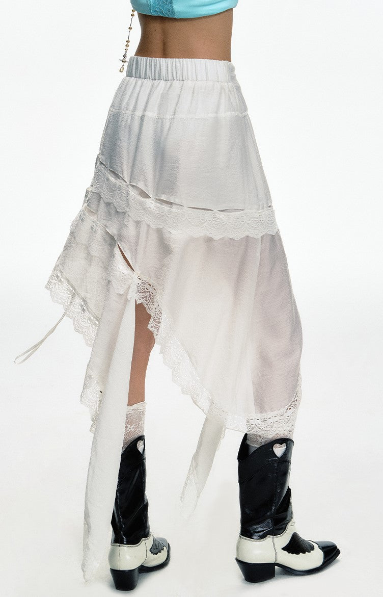 White Asymmetric Pleated Lace Hollow Skirt DPR0045