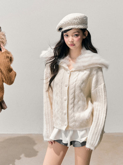 Large Fur Collar Knit Cardigan DIA0733