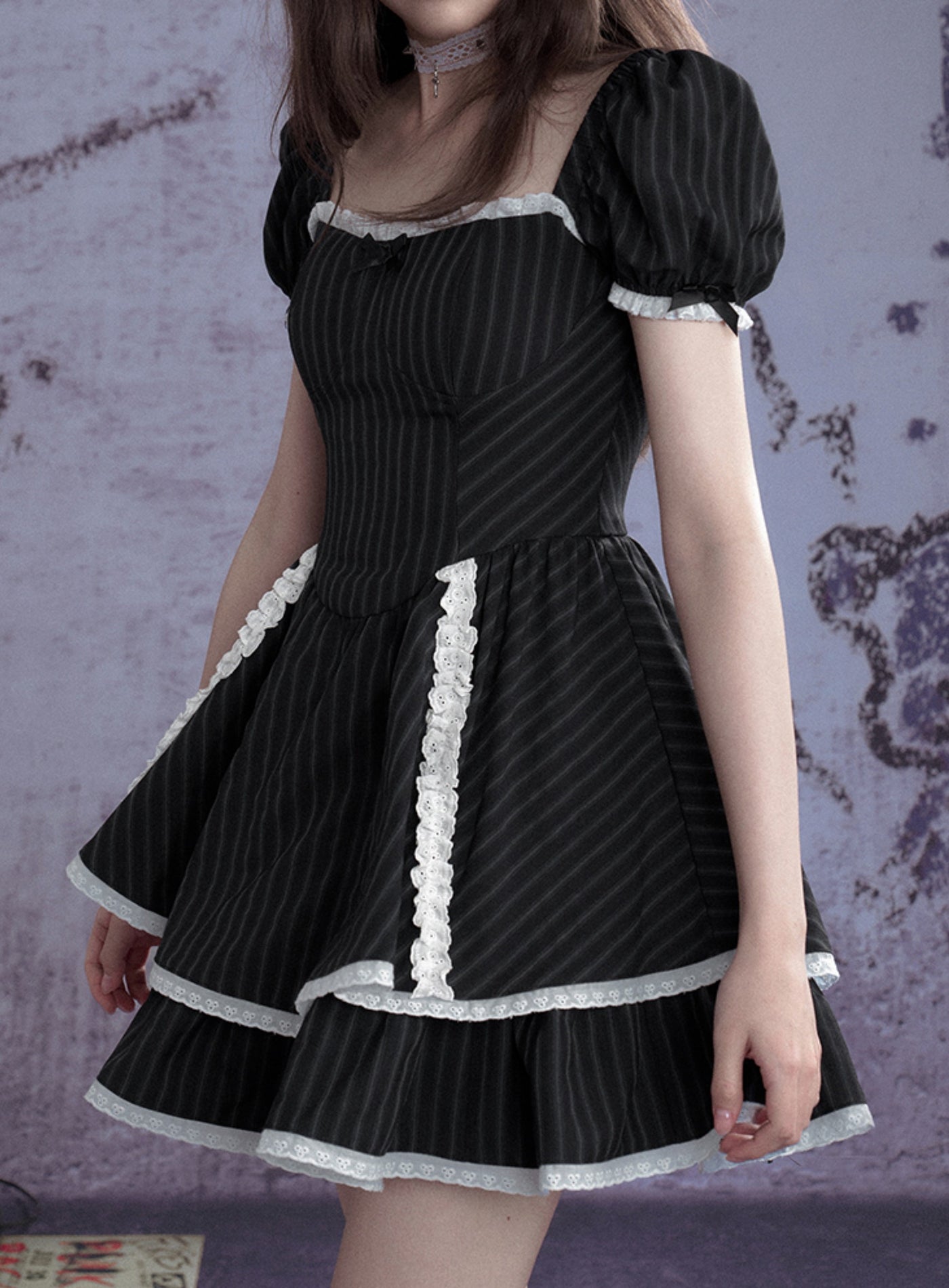 Black Striped Lace Cake Dress SAG0267