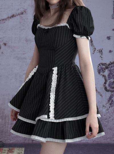 Black Striped Lace Cake Dress SAG0267