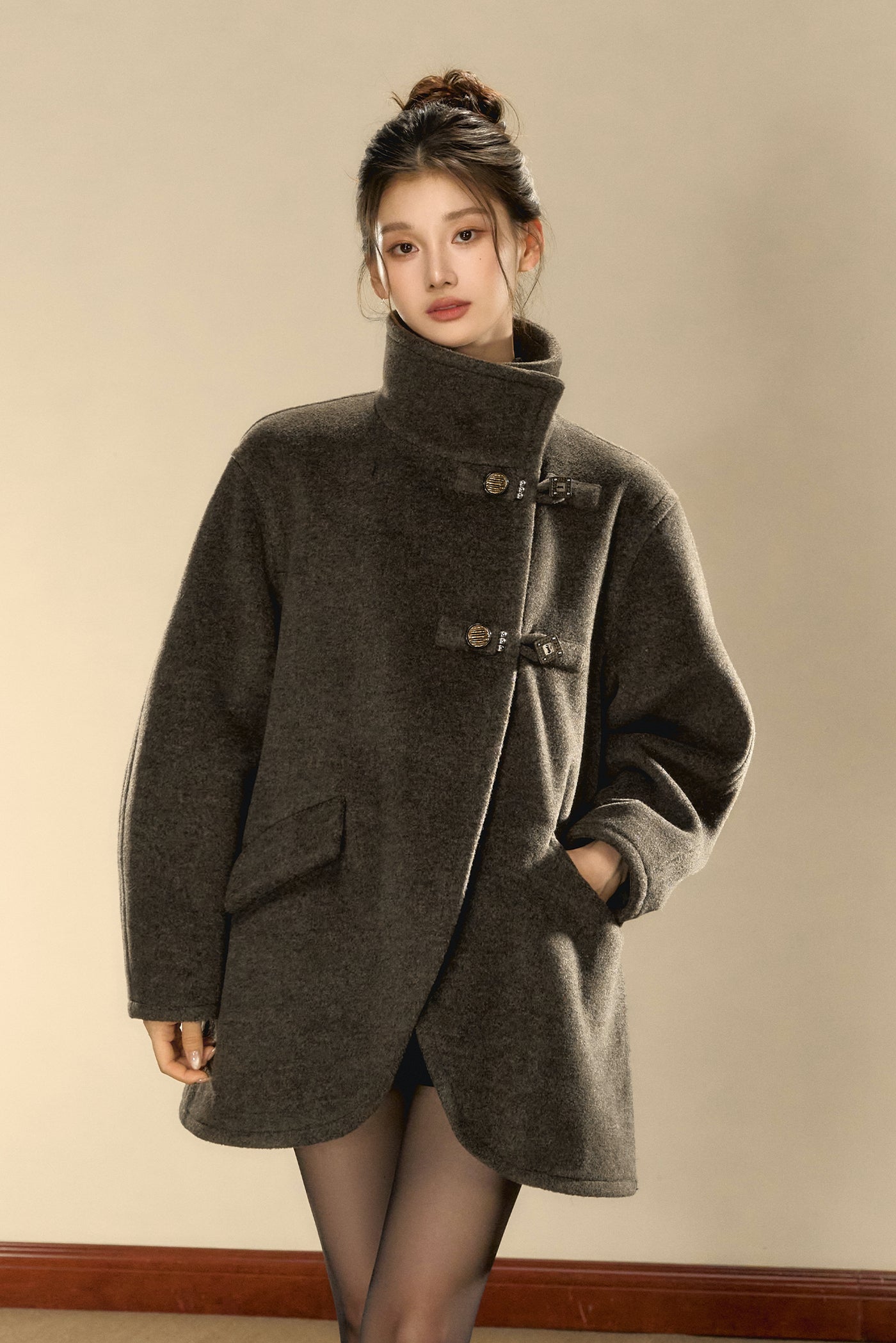 Rock Gray Tweed High Collar Tweed Coat OSH0100