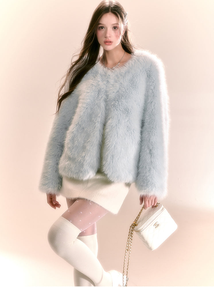 Luxury Wear Small Imitation Fur Blue Short Coat QDQ0104