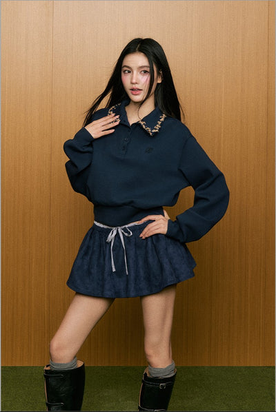 Loose-fitting Luxurious Braided Lapel POLO Sweatshirt/Skirt AGM0074