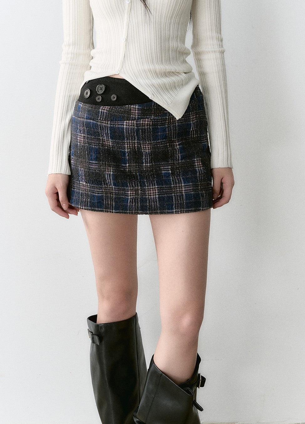 Plaid Patchwork A-line Slim Versatile Short Skirt VIA0162