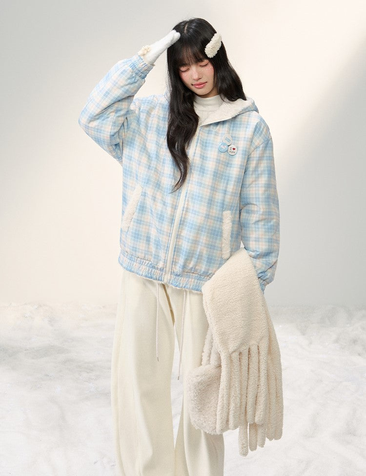 Plush Bear Ear Hooded Plaid Furry Jacket NTO0251