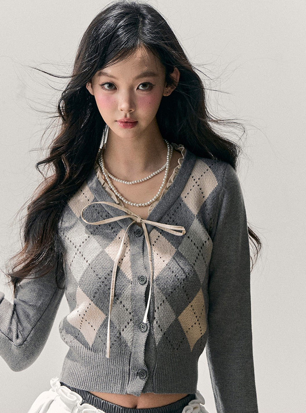 French Argyle Knitted Short Cardigan DIA0763