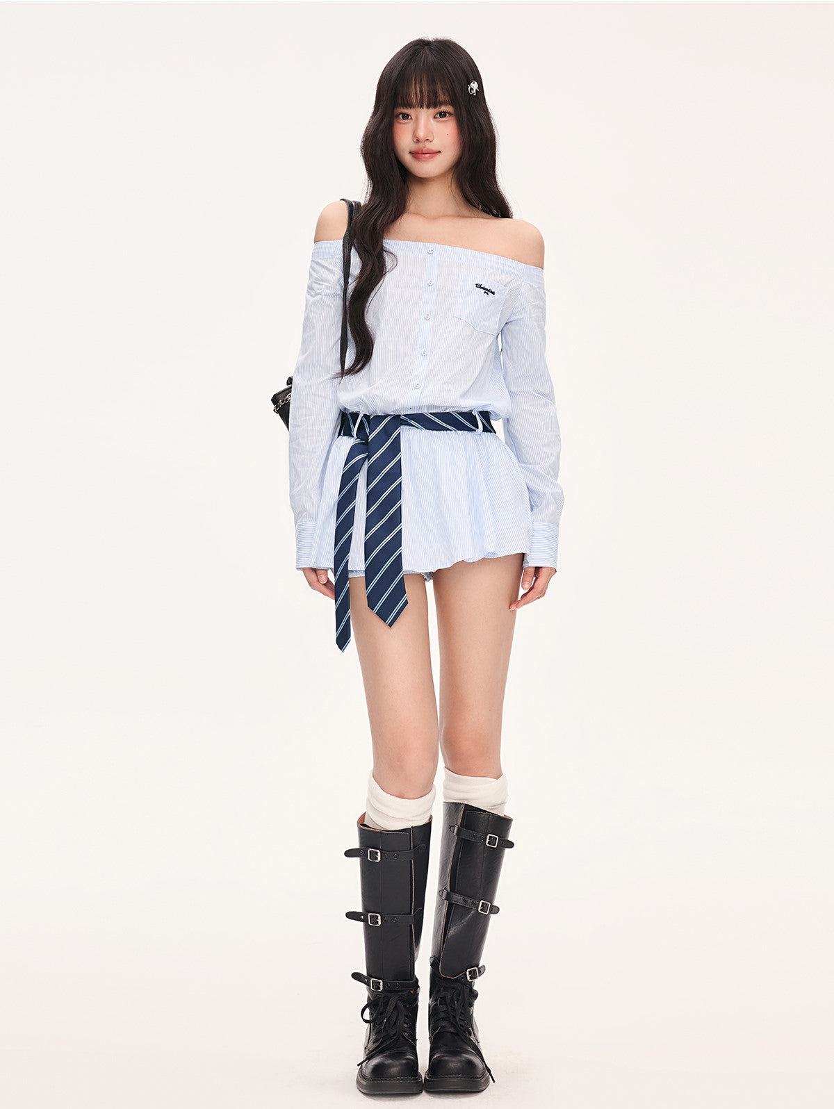 Striped Off-Shoulder Shirt Dress WEE0067