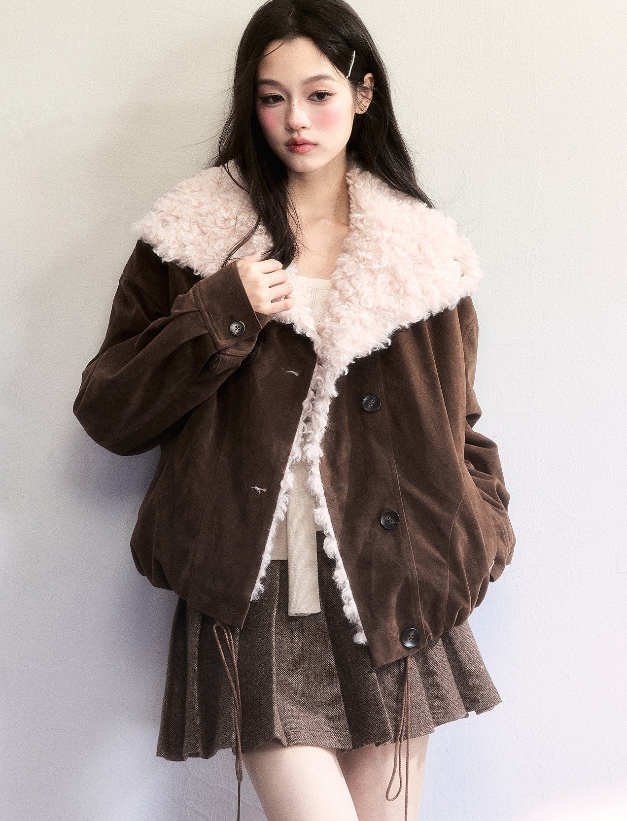 Brown Suede Plush Thick Lapel Coat FRA0500