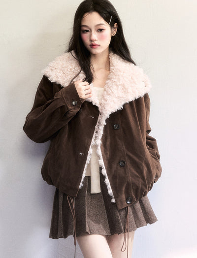 Brown Suede Plush Thick Lapel Coat FRA0500