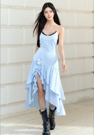 Lace Irregular Satin Suspender Dress AGM0169