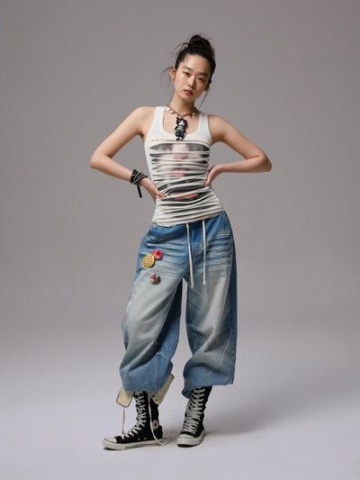 Irregular Hole Cat Print Sleeveless Top JIN0034