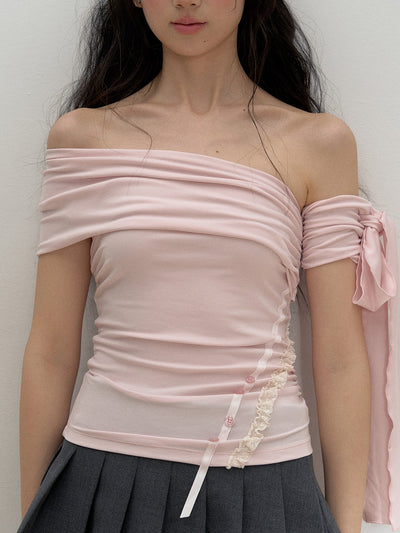 Off-shoulder Ribbon T-shirt SUN0132