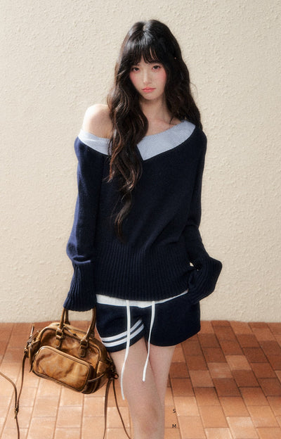 Navy Stitching Shirt Knit SHI0187