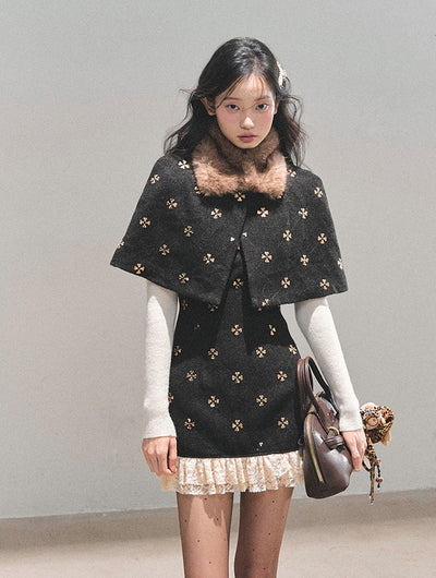 Sequins Design Dress/Detachable Fur Collar Cape DIA0750