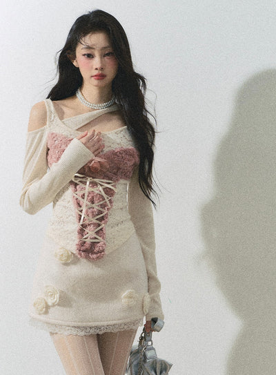 Rose Lace Long Sleeve Slimming Off-shoulder Knitted Sweater DIA0257