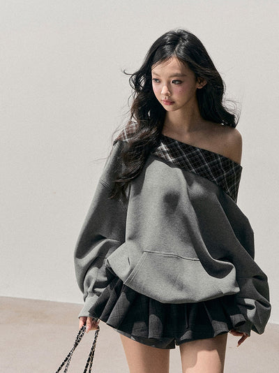 Off-Shoulder Plaid Sweatshirt DIA0765