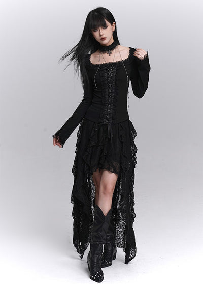 Black Long-Sleeved Lace Slim T-shirt LAD0248