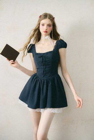 Puff Sleeve Strappy Bow Lace Striped Dress GRO0060
