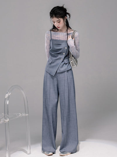 Starry Gray-Blue Camisole+Pants+Tulle Top COT0339