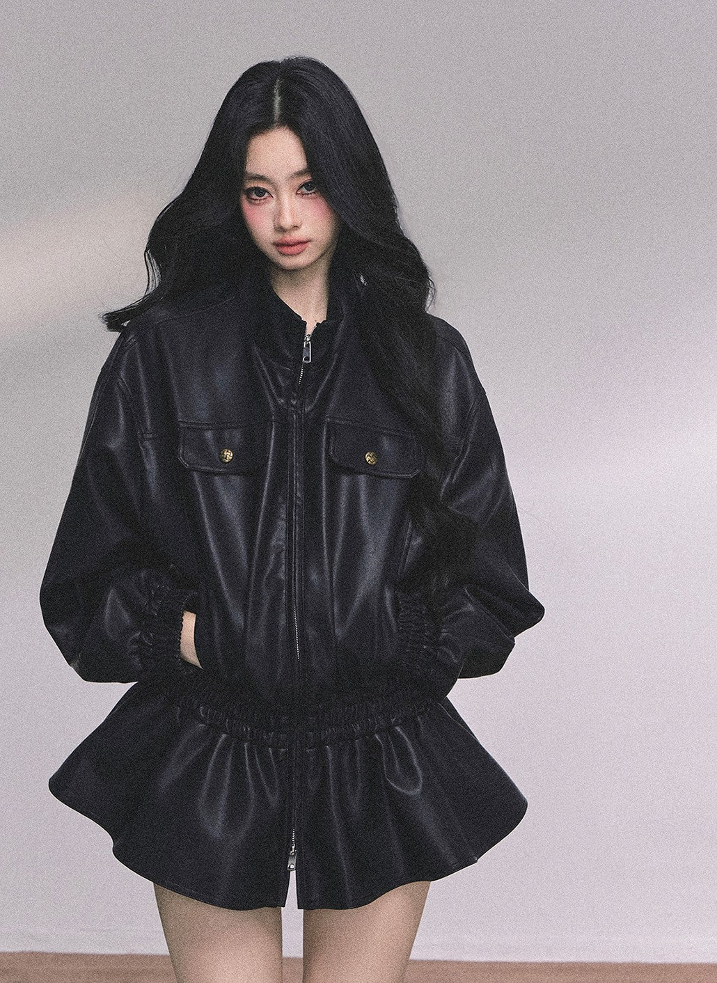 Stand Collar Black Leather Jacket DIA0603
