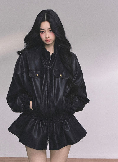 Stand Collar Black Leather Jacket DIA0603