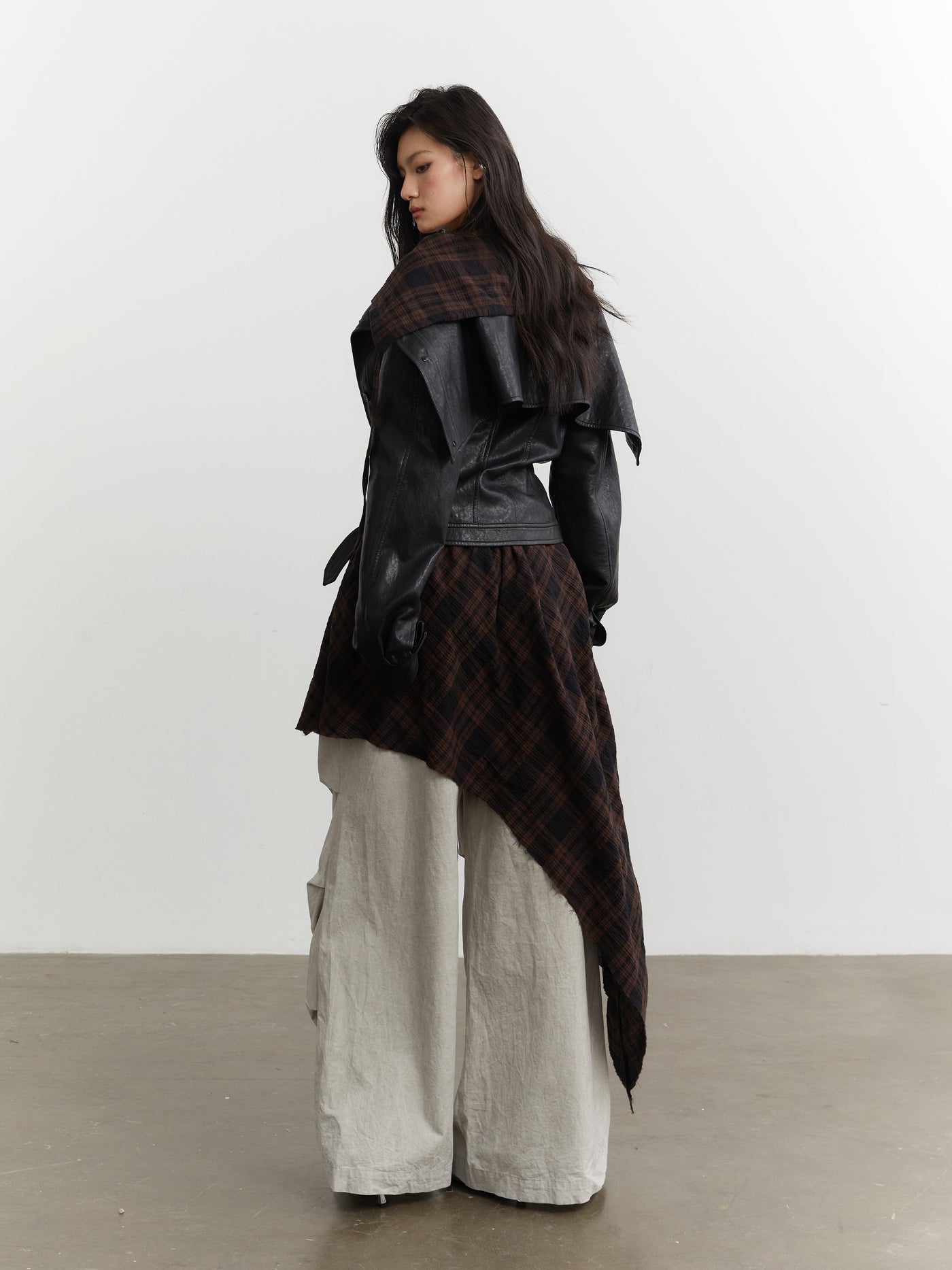 Plaid Stitching Leather Jacket+Skirt JNY0251