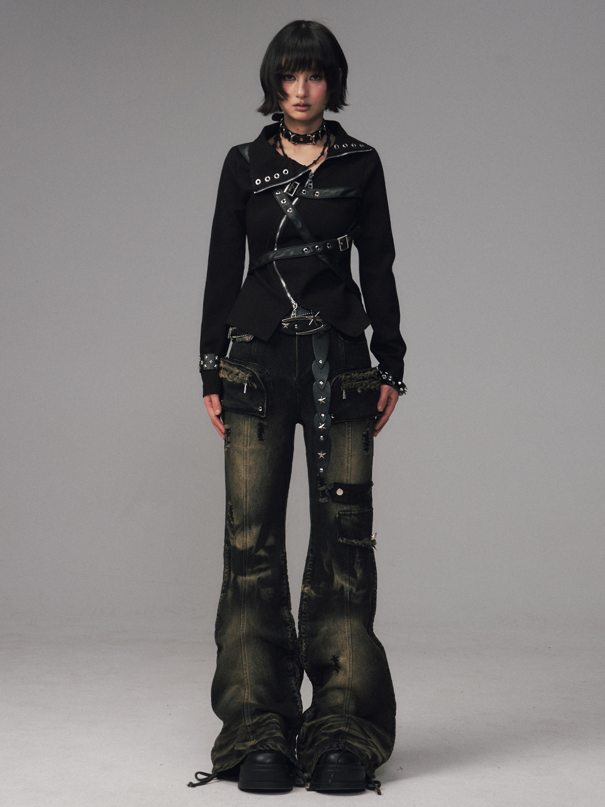 Punk Retro Pockets Slim Fit Flared Jeans FRU0131