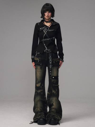 Punk Retro Pockets Slim Fit Flared Jeans FRU0131