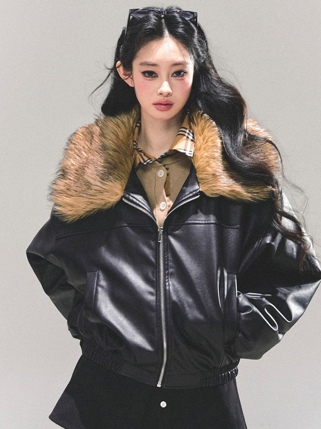 Black Large Lapel Leather Jacket DIA0690