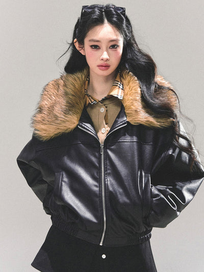 Black Large Lapel Leather Jacket DIA0690