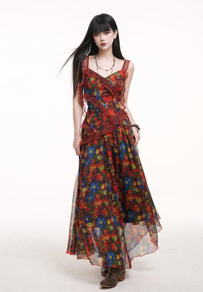 Red Floral Suspender Dress LAD0168