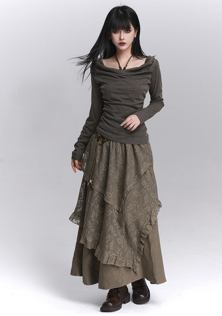 Brown Lace Cake Long Skirt LAD0250