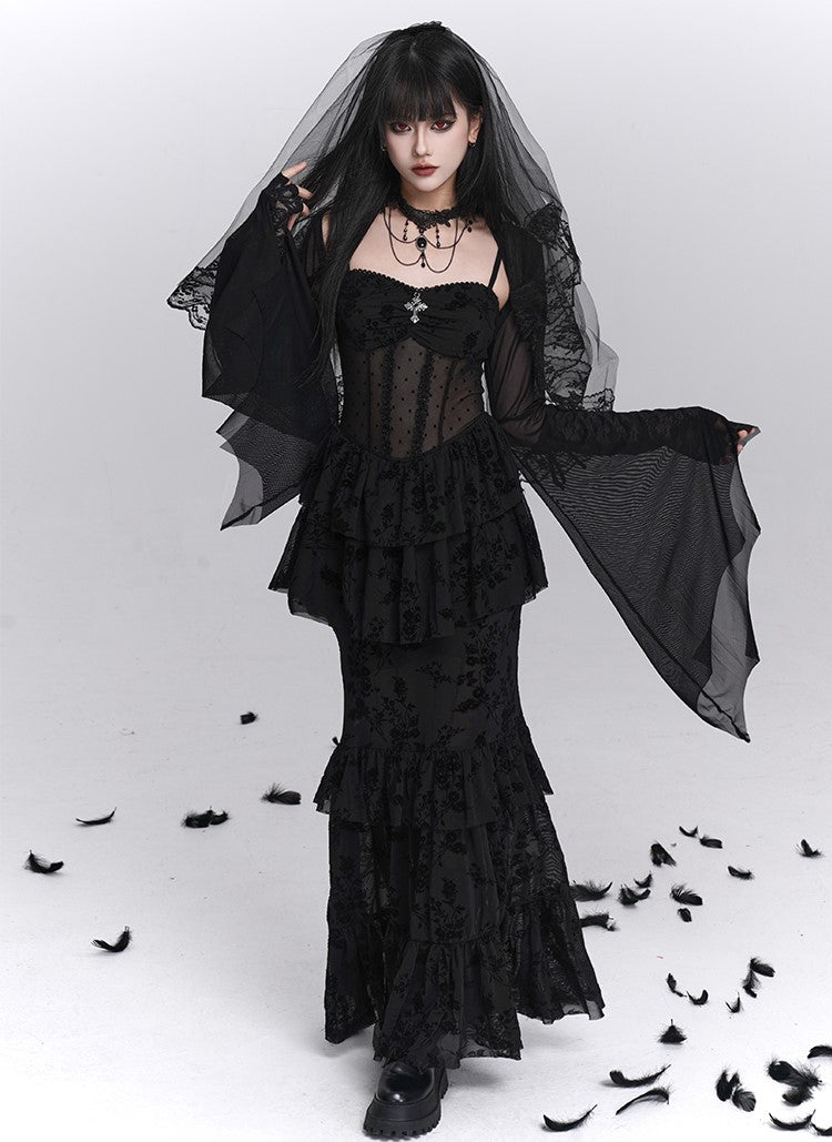 Black Fishtail Suspender Dress/Shawl LAD0242