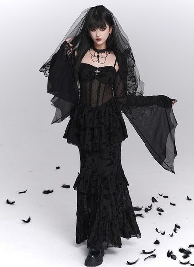 Black Fishtail Suspender Dress/Shawl LAD0242