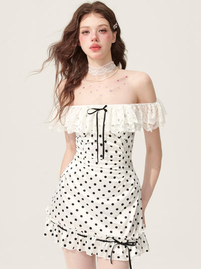 White Polka Dot Lace One Shoulder Dress DIA0177