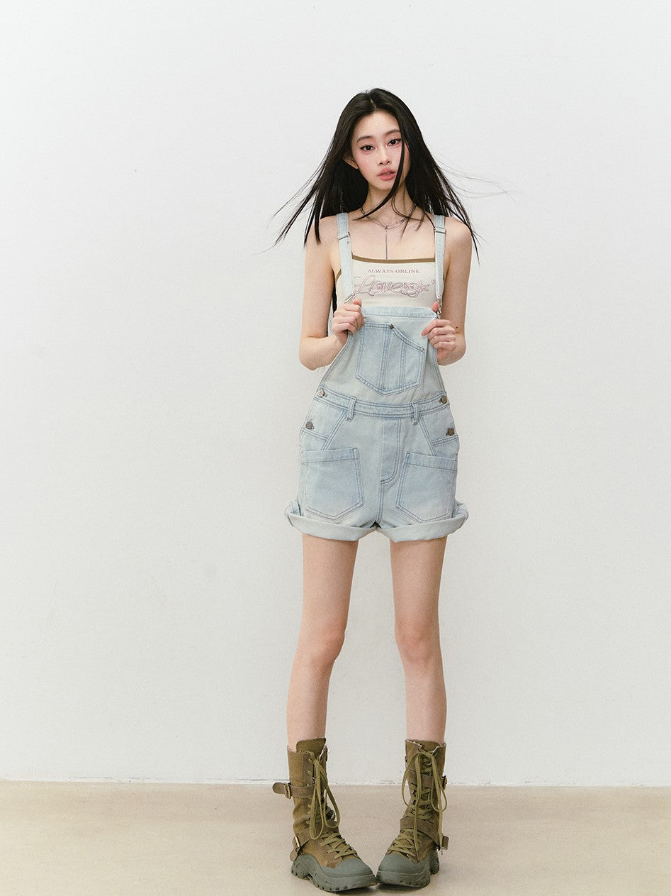 Light Blue Denim Loose Overall Shorts VIA0317
