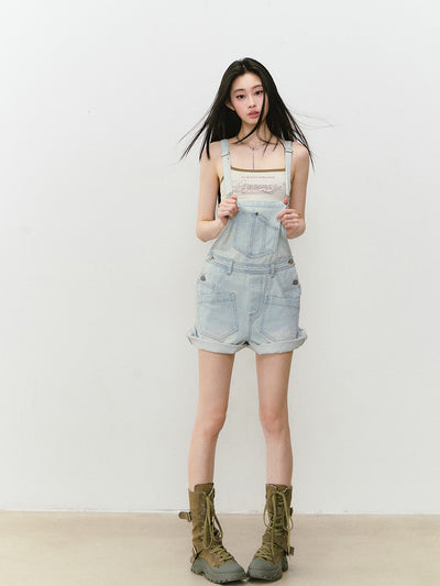Light Blue Denim Loose Overall Shorts VIA0317