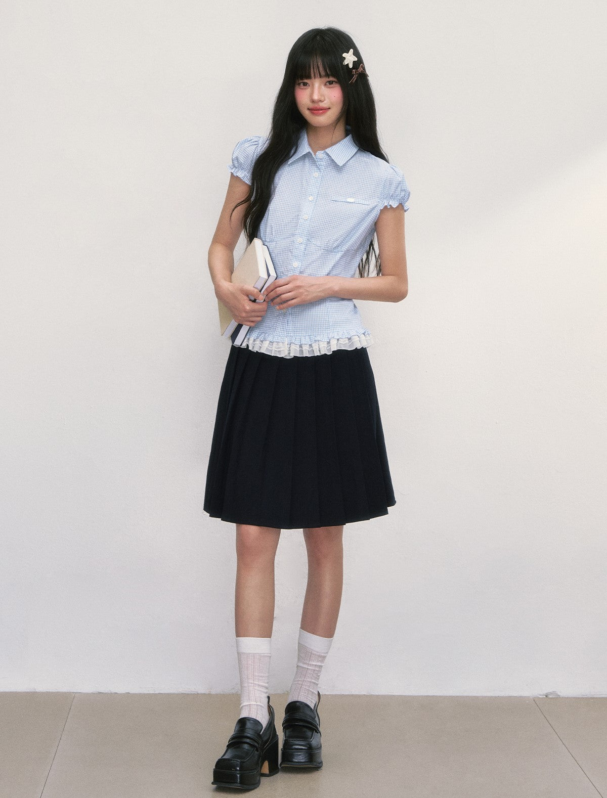 Lace Plaid Puff Sleeves Shirt WEE0042