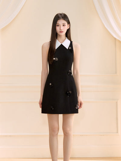 Black Sleeveless Beaded Flower Dress OSH0121