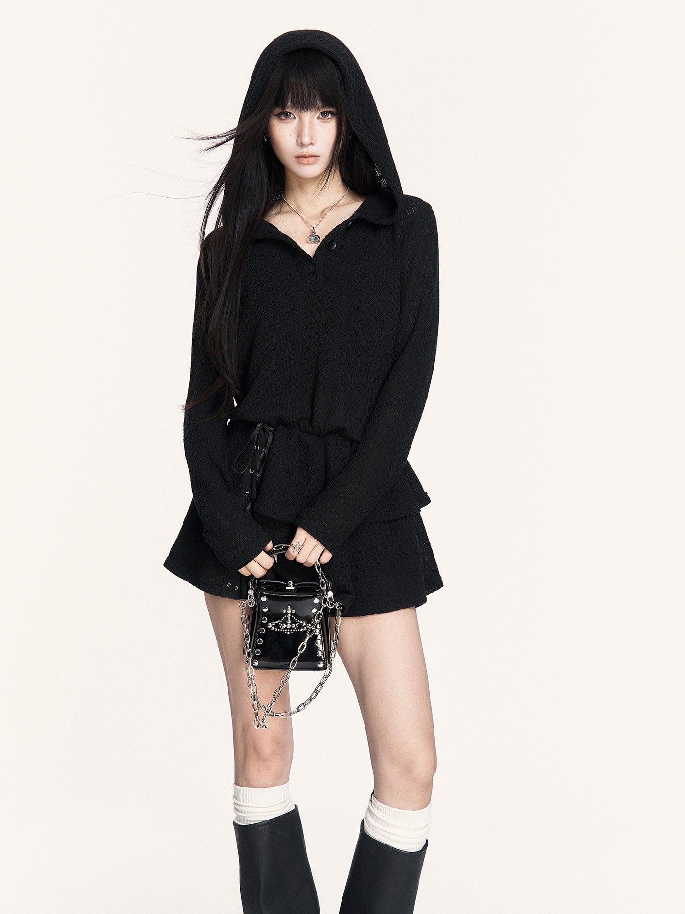 Hooded Long Sleeve Knitted Cake Dress VOC0425