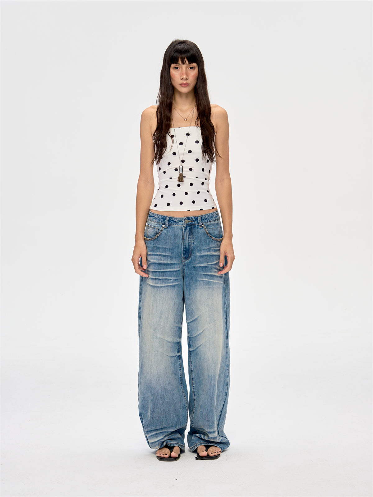 Washed Blue Drape Wide-leg Jeans CUR0216
