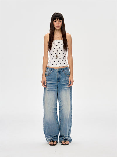 Washed Blue Drape Wide-leg Jeans CUR0216