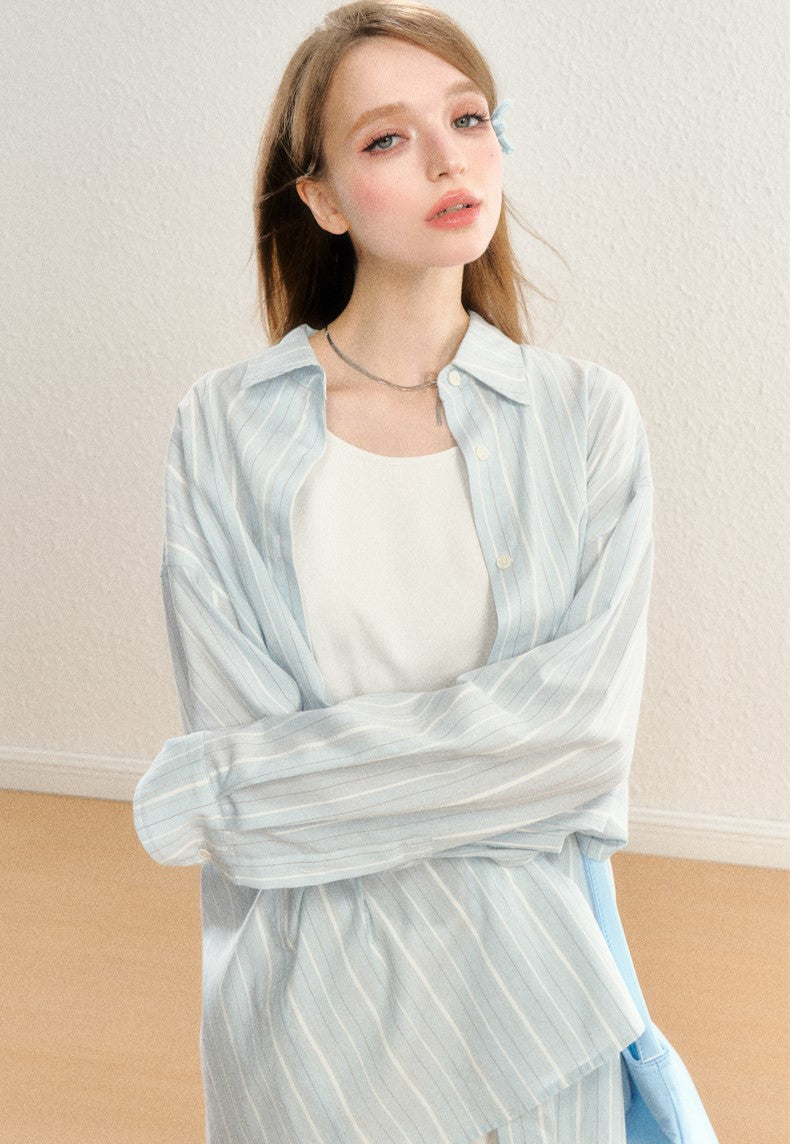 Striped Long Sleeves Back Slit Shirt SPE0062