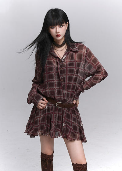 Red Brown Long-Sleeved Plaid Shirt Dress LAD0226