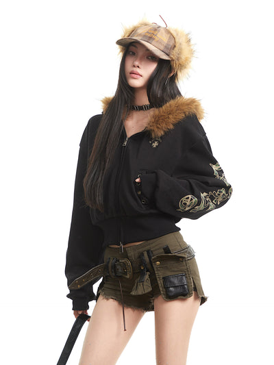 Fur Collar Long-Sleeve Hooded Sweatshirt Jacket UNC0320