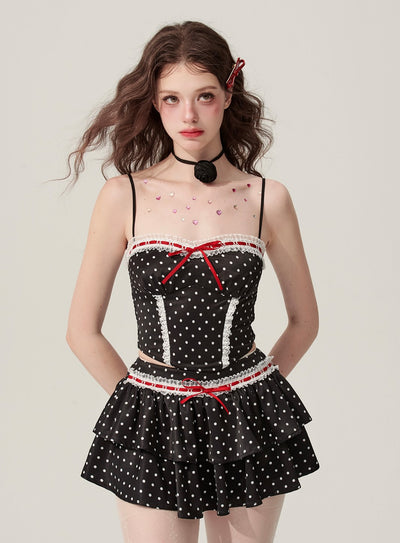 Black Polka Dot Suspender Top/A-line Slimming Short Skirt DIA0171